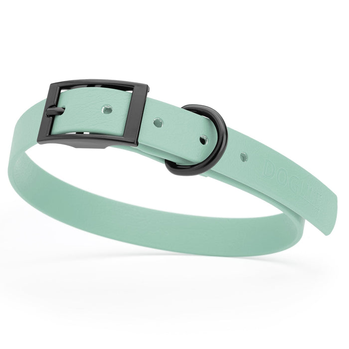 Sage Green dog collar with black hardware, made from waterproof biothane, 15 to 18 inches long