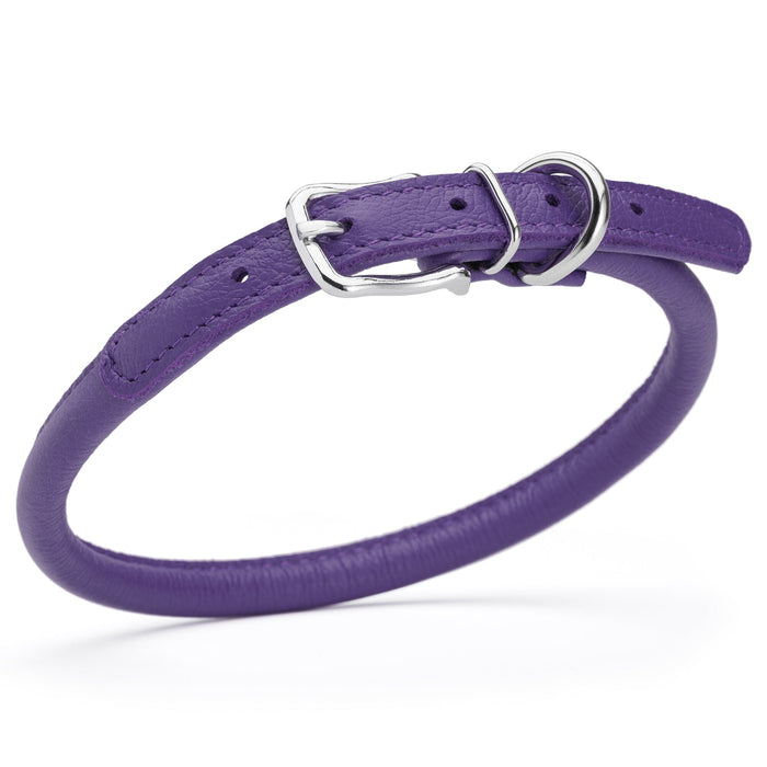 Purple leather dog collar with metal hardware, 3/8 inches wide
