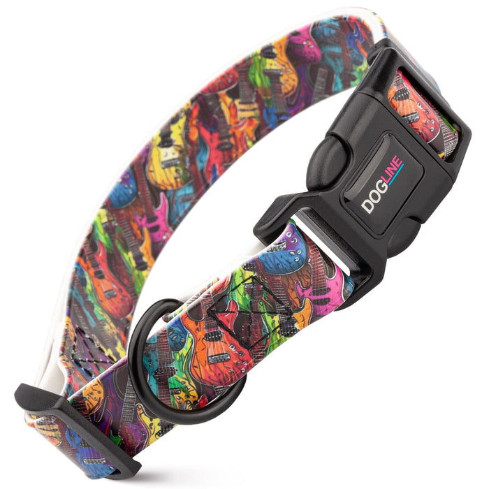 Biothane dog collar with plastic quick release buckle and metal D-ring, Guitars print