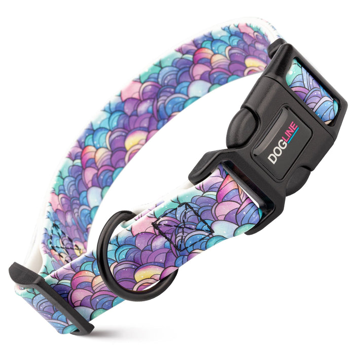 Biothane dog collar with plastic quick release buckle and metal D-ring, Mermaid print