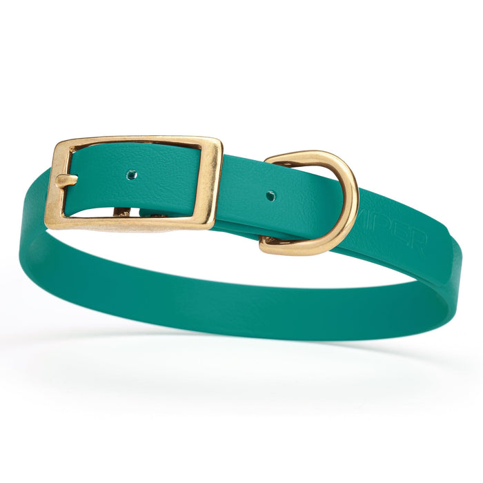 Waterproof Aqua Blue dog collar with brass buckle, made from Biothane, Medium size