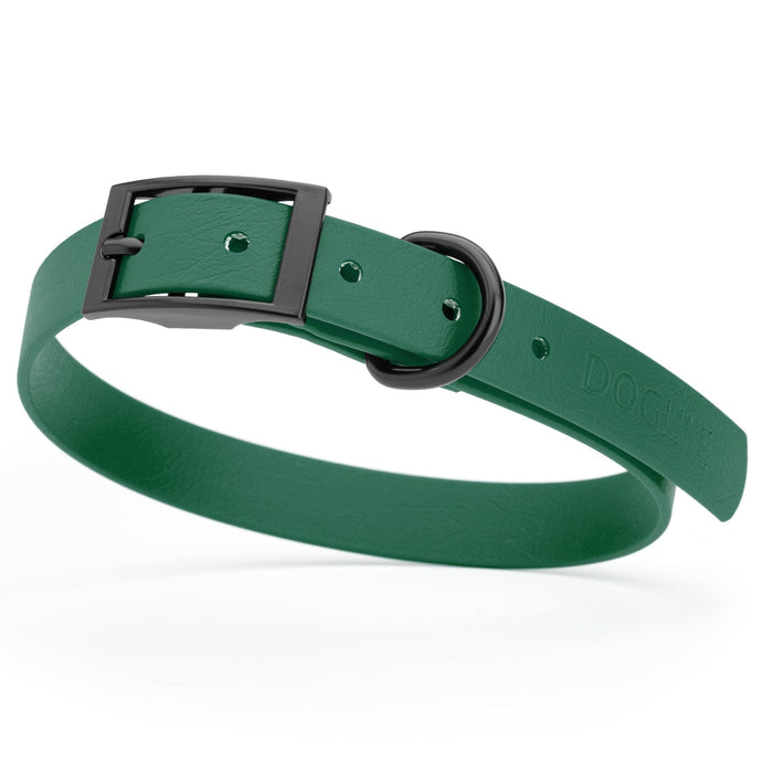 Hunter Green dog collar with black hardware, made from waterproof biothane, 15 to 18 inches long