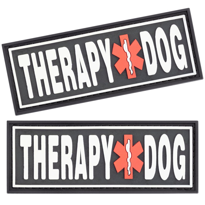 Therapy Dog rubber patches for dog harness, vest, collar, white 3D letters, white border, set of 2