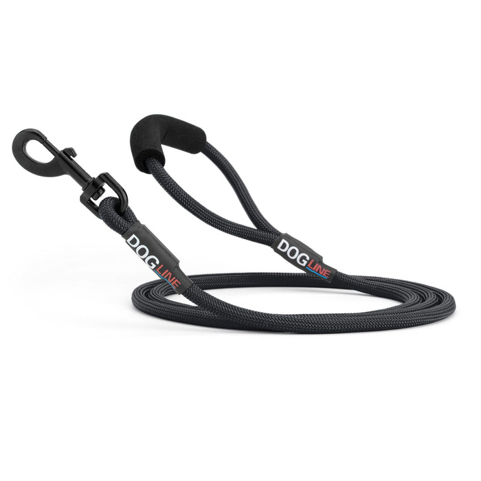 Black nylon dog leash with black snap hook and padded neoprene handle, round rope design, 6 ft long