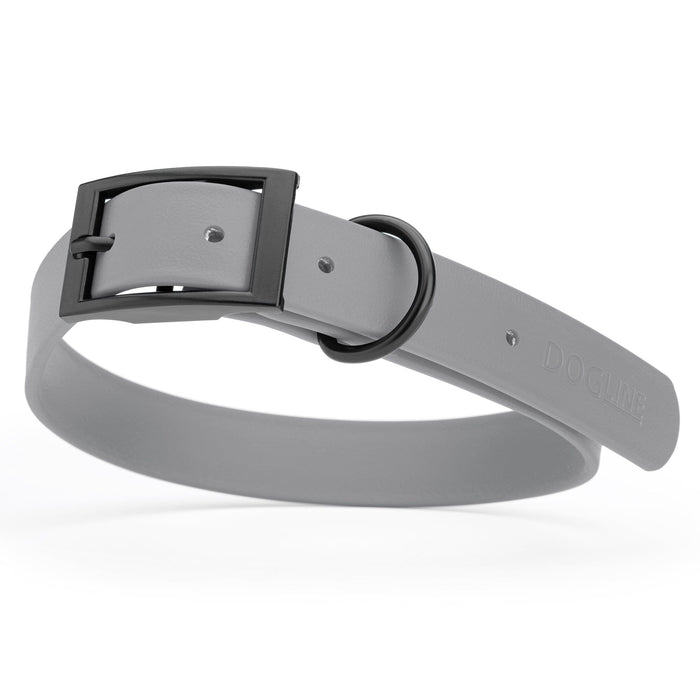 Battleship Gray dog collar with black buckle, made from waterproof biothane, 18 to 22 inches long