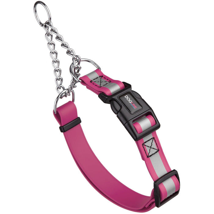 Pink martingale dog collar with wide reflective strip and black quick release buckle, made from waterproof Biothane, adjustable