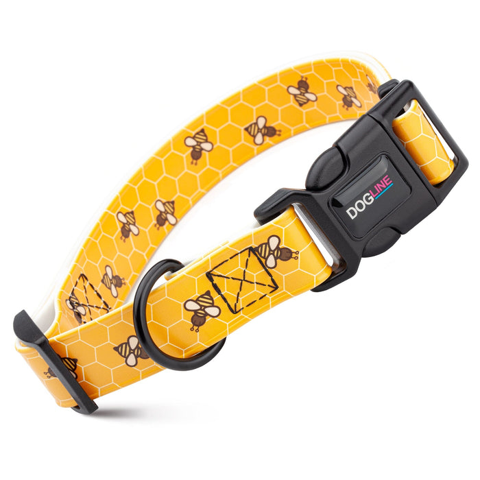 Biothane dog collar with plastic quick release buckle and metal D-ring, Bees print