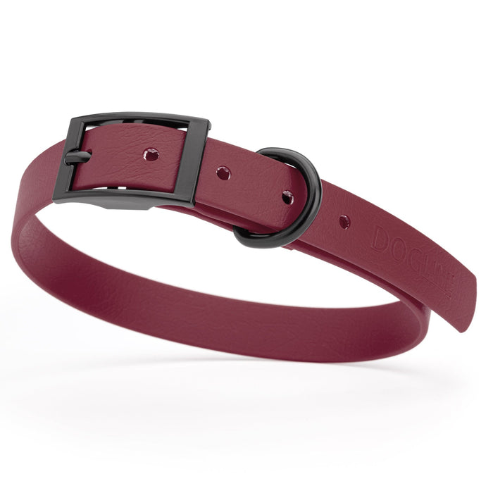 Merlot Burgundy dog collar with black hardware, made from waterproof biothane, 15 to 18 inches long