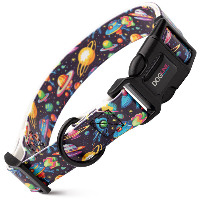 Biothane dog collar with plastic quick release buckle and metal D-ring, Space print