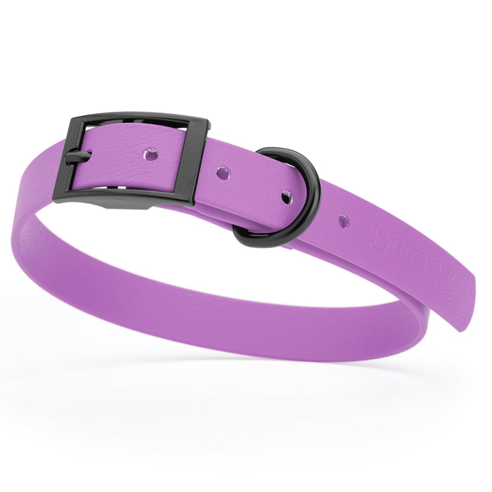 Amethyst Purple dog collar with black hardware, made from waterproof biothane, 15 to 18 inches long