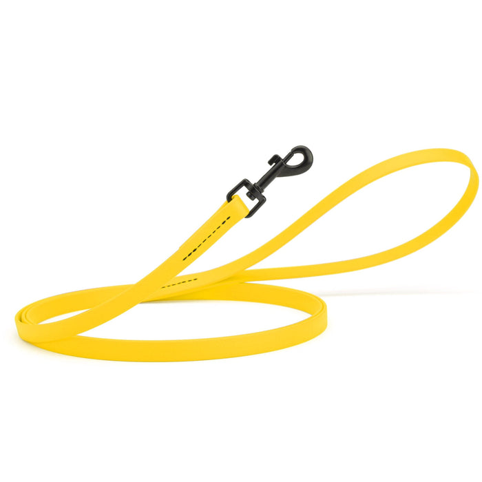 Lemon yellow dog leash with black swivel clip, made from waterproof Biothane, 6 feet long, 1/2 inches wide