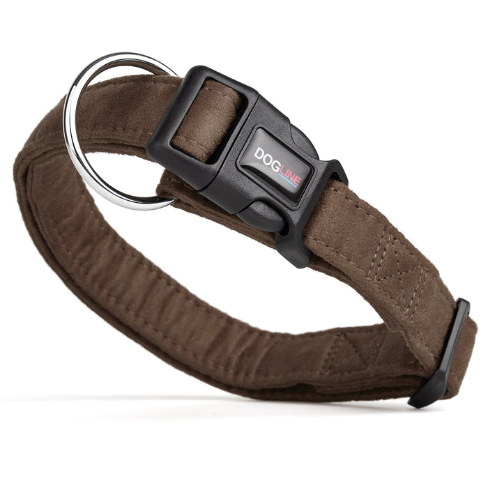 Brown dog collar with quick release buckle and metal ring, made from soft microfiber, 3/4- and 1-inch wide