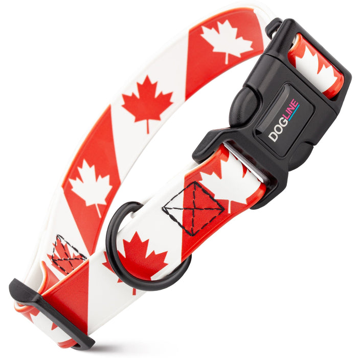 Biothane dog collar with plastic quick release buckle and metal D-ring, Canada flag print