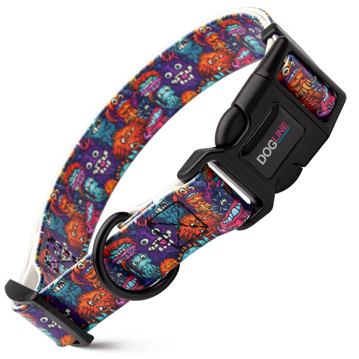 Biothane dog collar with plastic quick release buckle and metal D-ring, Creatures print
