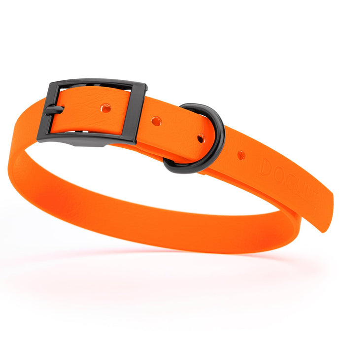 Hunter Orange dog collar with black hardware, made from waterproof biothane, 15 to 18 inches long