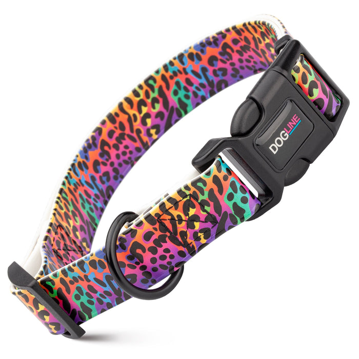 Biothane dog collar with plastic quick release buckle and metal D-ring,  Vibrant Leopard print