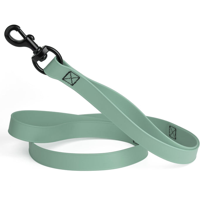 Sage green waterproof dog leash with two or three handles and black metal clip, made from Biothane