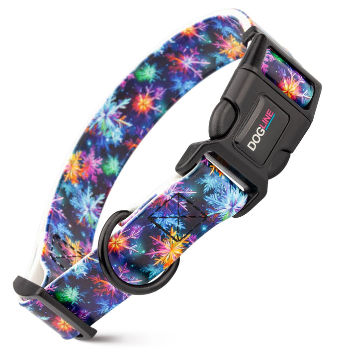 Biothane dog collar with plastic quick release buckle and metal D-ring, 
Vibrant Snowflakes print