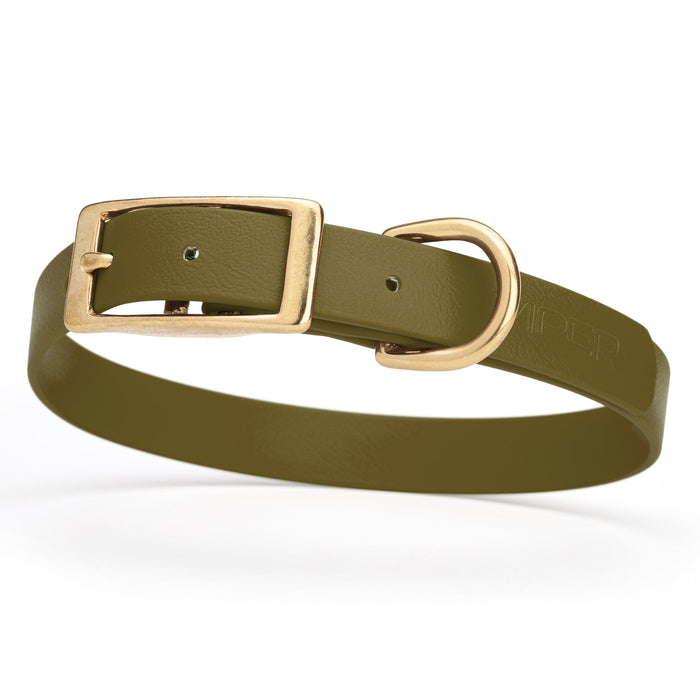 Waterproof Olive Drab Green dog collar with brass buckle, made from Biothane, Medium size