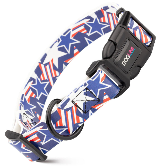 Biothane dog collar with plastic quick release buckle and metal D-ring, Patriotic print