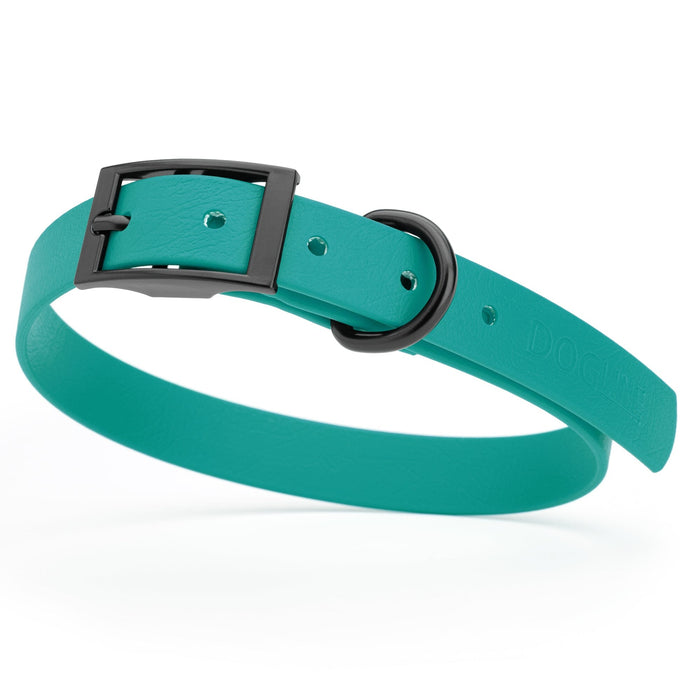 Aqua blue dog collar with black hardware, made from waterproof biothane, 15 to 18 inches long