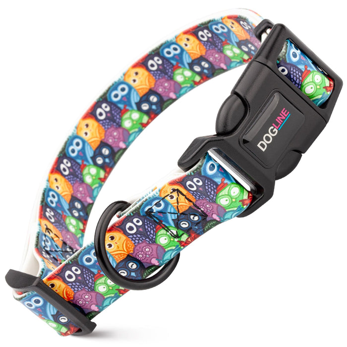 Biothane dog collar with plastic quick release buckle and metal D-ring, Owls print