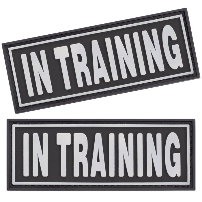 In Training rubber patches for dog harness, vest or collar, white 3D letters, white border, set of 2
