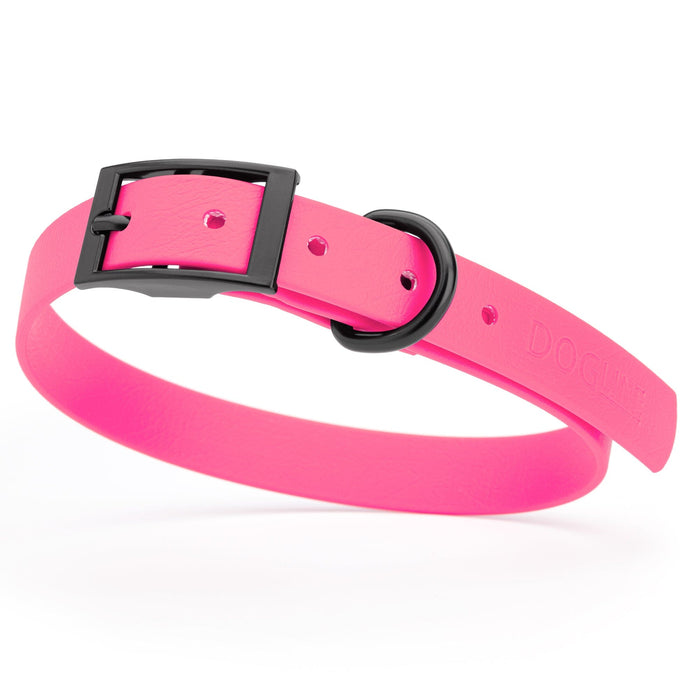 Passionfruit Pink dog collar with black hardware, made from waterproof biothane, 15 to 18 inches long