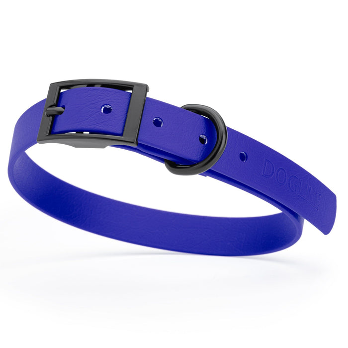 Blueberry dog collar with black hardware, made from waterproof biothane, 15 to 18 inches long