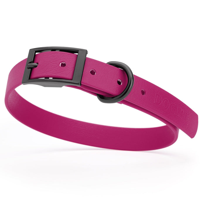 Magenta Pink dog collar with black hardware, made from waterproof biothane, 15 to 18 inches long