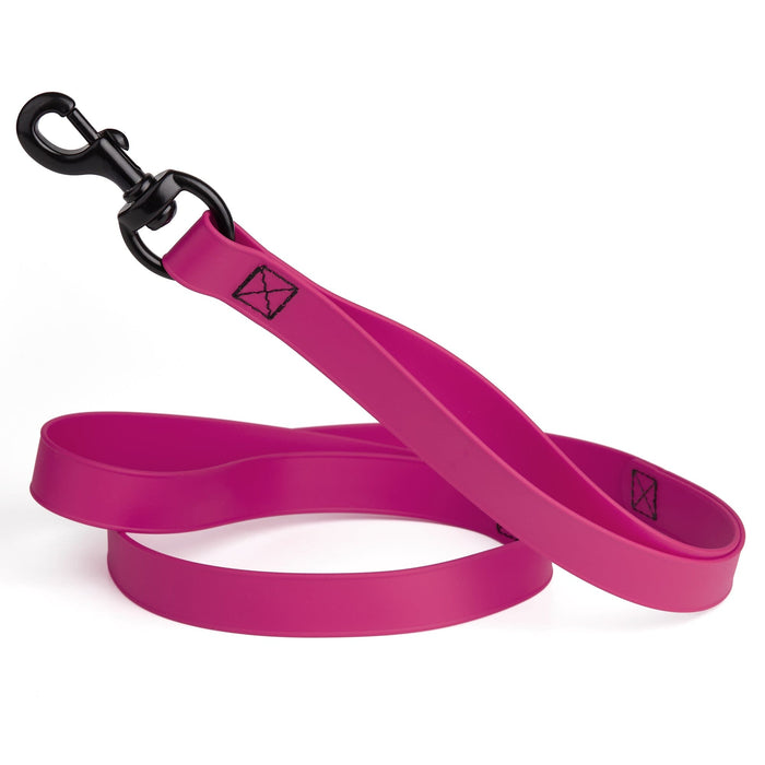 Magenta pink waterproof dog leash with two or three handles and black metal clip, made from Biothane