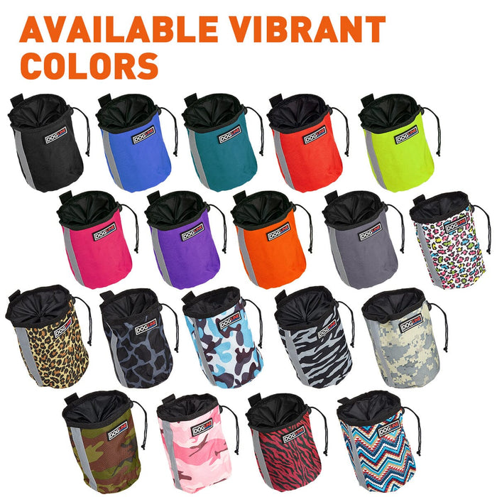 Dog training treat pouch with drawstring, belt loop and reflective strip, made from nylon, 19 colors available