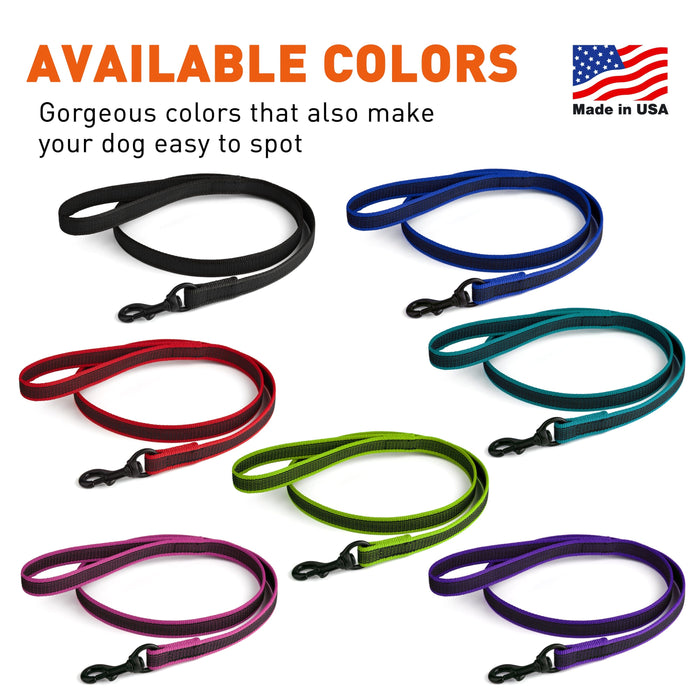 Rubberized nylon leashes for dogs with black snap hook, 7 different colors