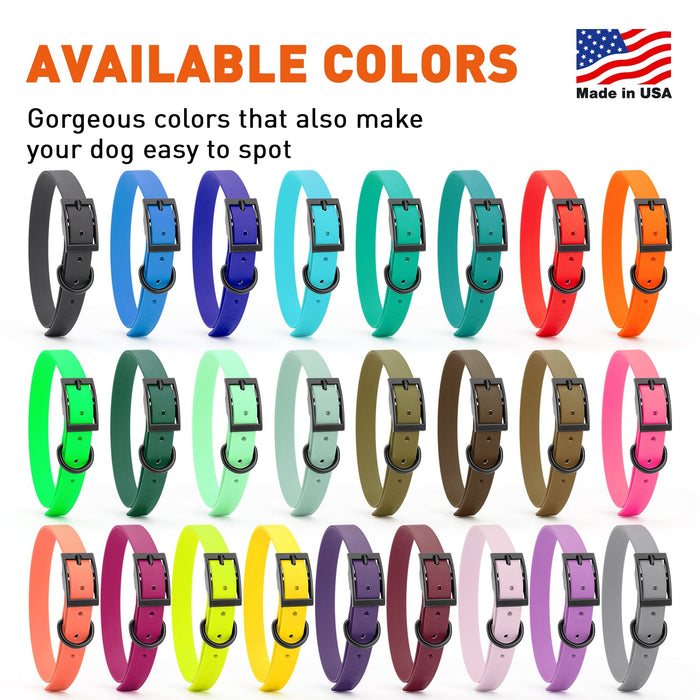 Biothane collars for dogs with black hardware, waterproof and odor resistant, 15 to 18 inches long, 26 colors available