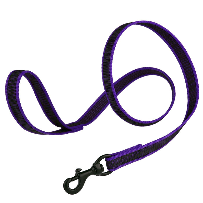 Purple dog leash made from non-slip rubberized nylon, black snap hook, 6 ft long