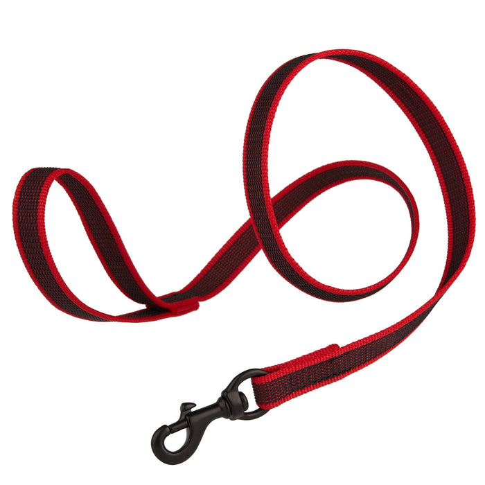 Red dog leash made from non-slip rubberized nylon, black snap hook, 6 ft long