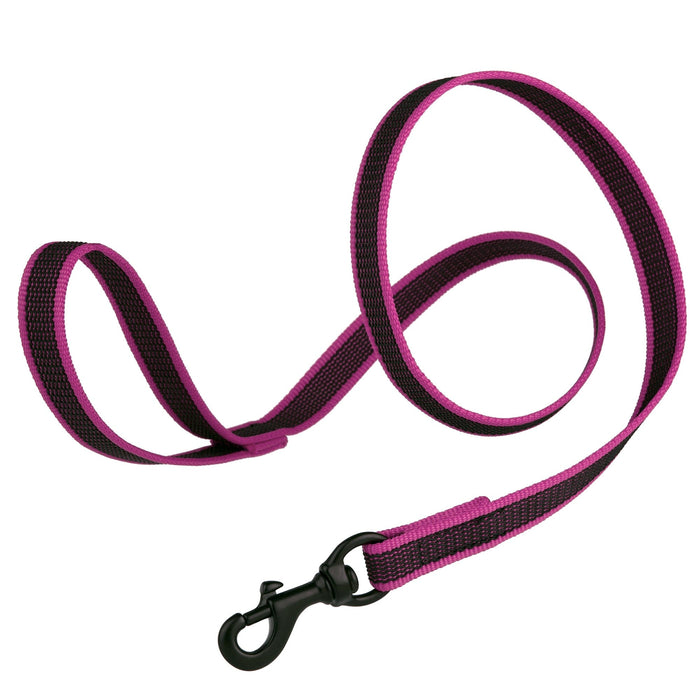 Pink dog leash made from non-slip rubberized nylon, black snap hook, 6 ft long