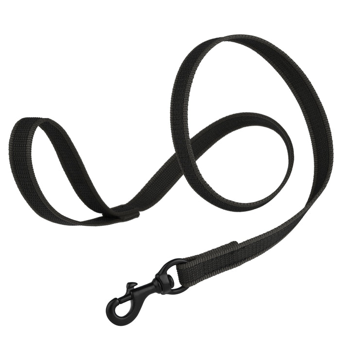 Black dog leash made from non-slip rubberized nylon, black snap hook, 6 ft long
