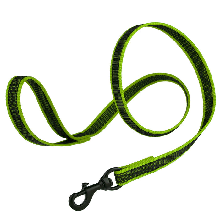 Green dog leash made from non-slip rubberized nylon, black snap hook, 6 ft long