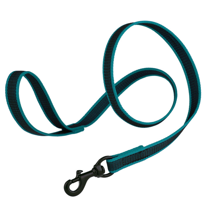 Teal dog leash made from non-slip rubberized nylon, black snap hook, 6 ft long
