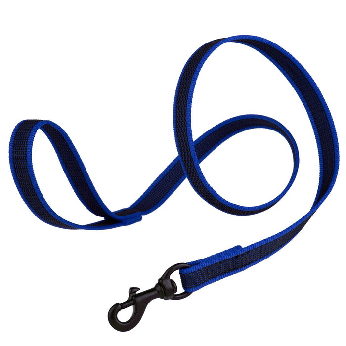 Blue dog leash made from non-slip rubberized nylon, black snap hook, 6 ft long