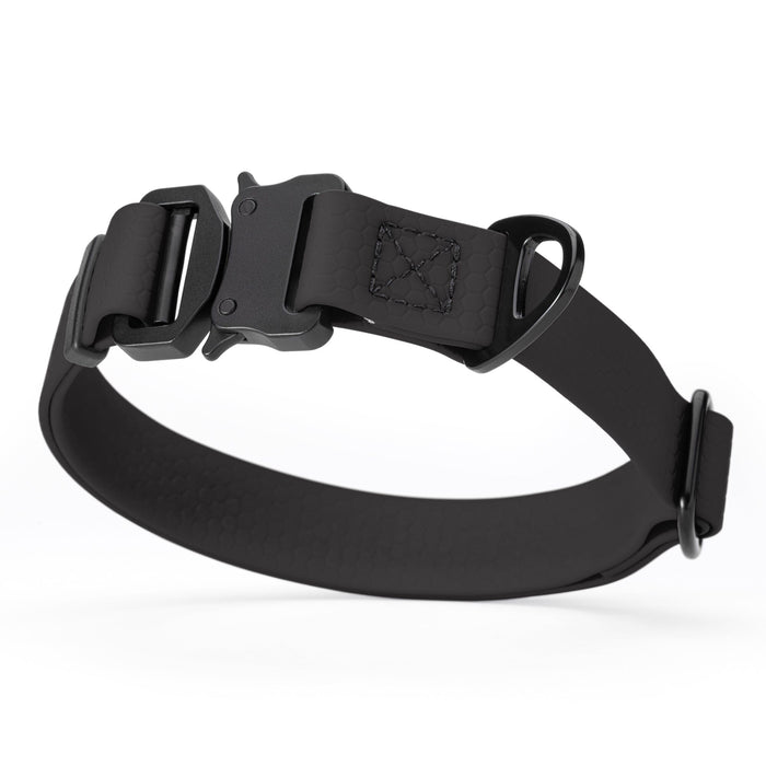Black dog collar with black metal buckle and D-ring, adjustable, smell resistant and waterproof