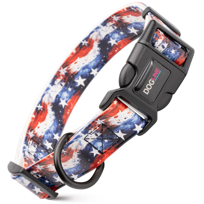 Biothane dog collar with plastic quick release buckle and metal D-ring, 
American Grunge print