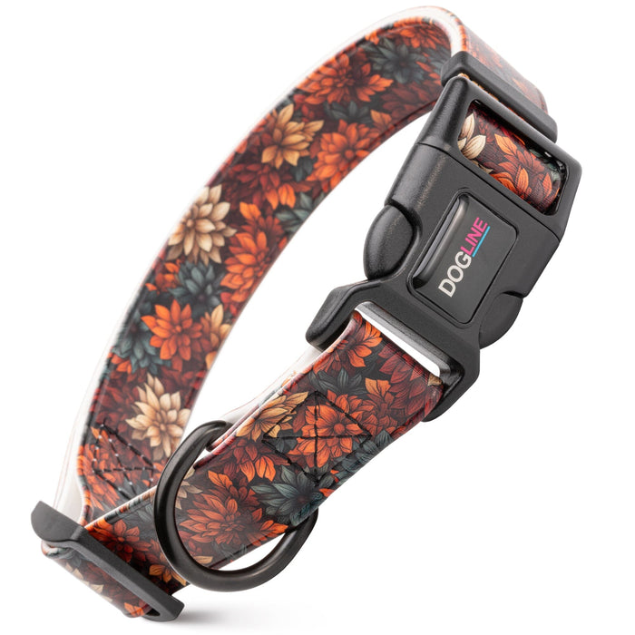 Biothane dog collar with plastic quick release buckle and metal D-ring, 
Carved Leather Sunflowers print