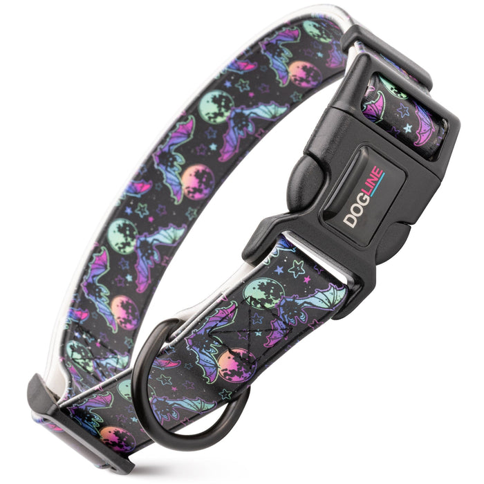 Biothane dog collar with plastic quick release buckle and metal D-ring, Bats & Moons print