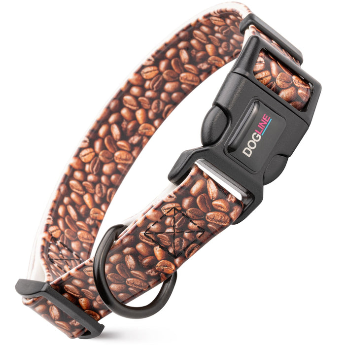 Biothane dog collar with plastic quick release buckle and metal D-ring, Coffee Beans print