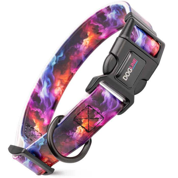 Biothane dog collar with plastic quick release buckle and metal D-ring, Colorful Fog print