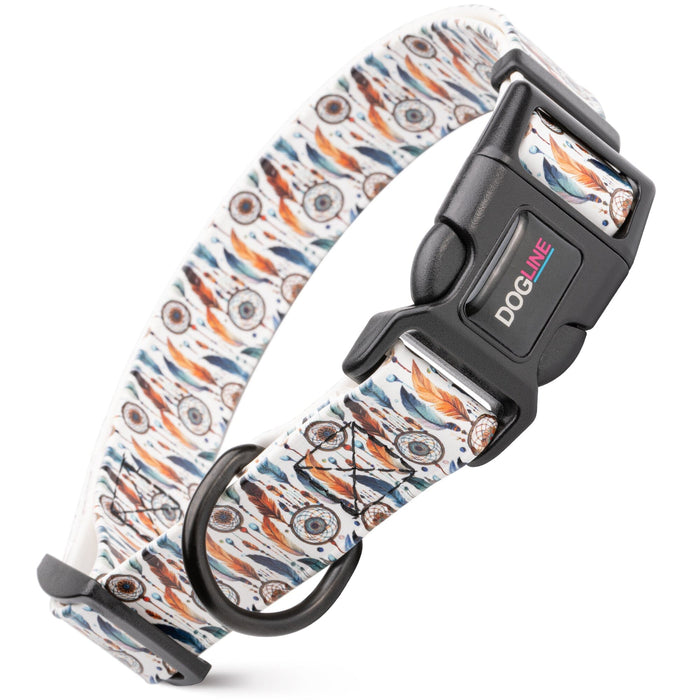 Biothane dog collar with plastic quick release buckle and metal D-ring, Dreamcatchers print