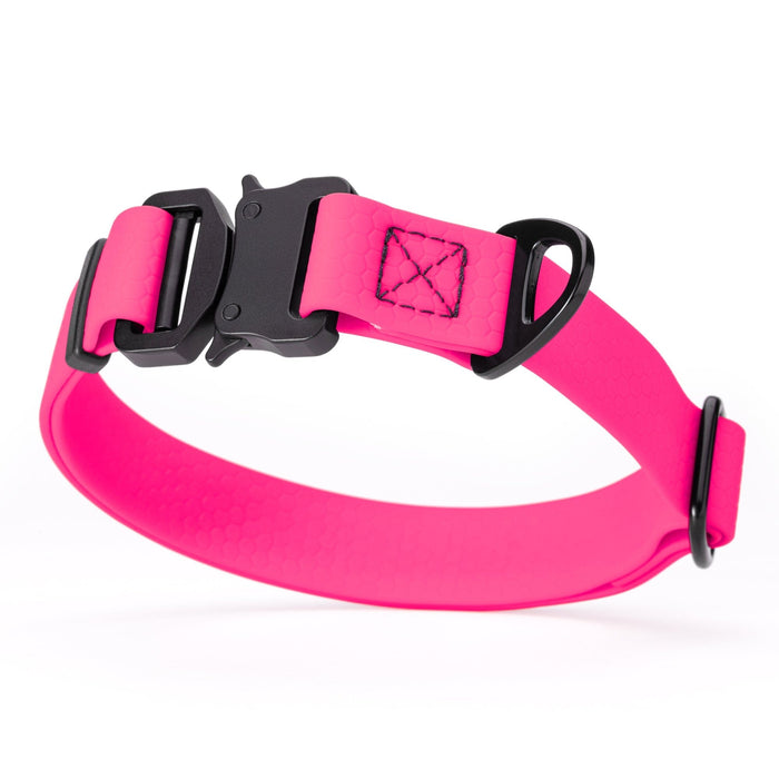 Pink dog collar with black metal buckle and D-ring, adjustable, smell resistant and waterproof