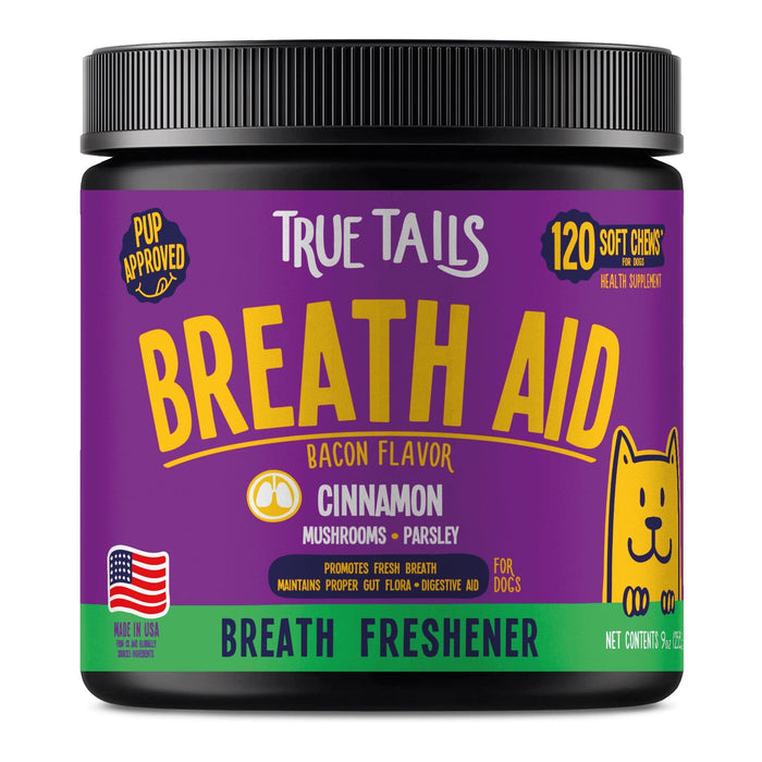 Breath Aid soft chews for dogs with cinnamon to promote oral health and fresh breath, bacon flavor, 120 chews per container